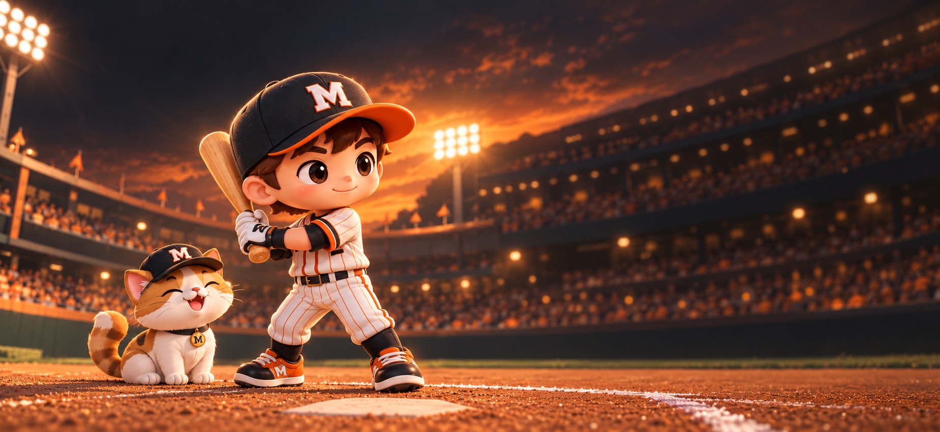 A cartoon slugger in an orange and black Maru cap takes his stance under the stadium lights, with a smiling cat mascot beside home plate.