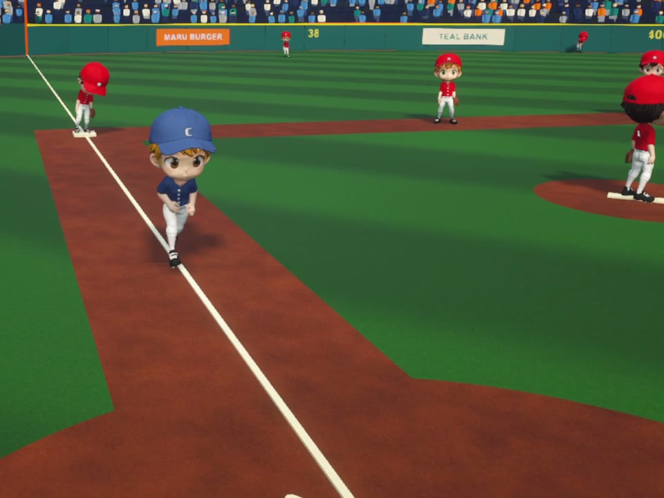 A batter in a blue cap jogs down the first-base line after a home run while the red-capped fielders watch.